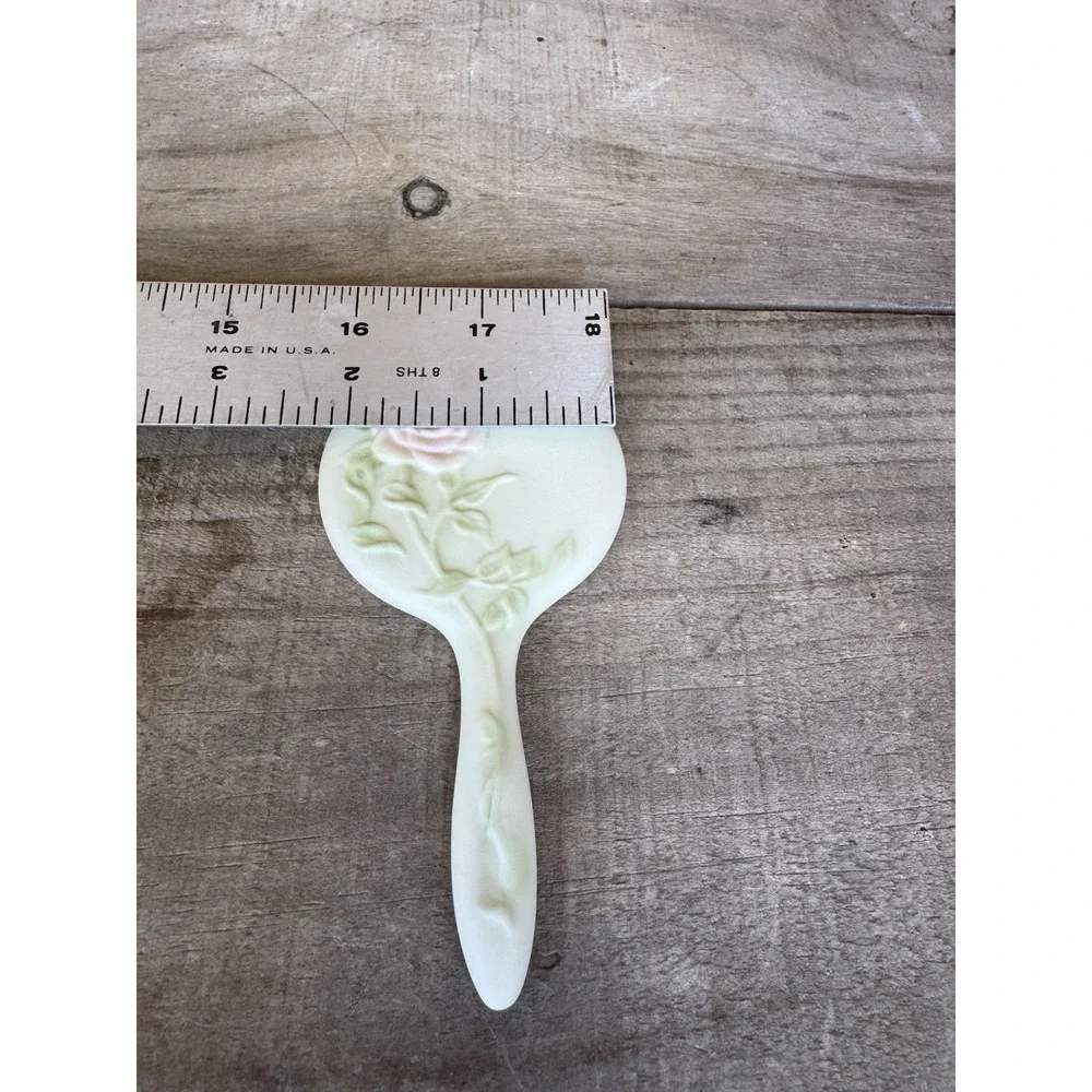 ANTIQUE CERAMIC HAND MIRROR ROSE STEM‎ LEAVES CHILD VANITY DOLL VINTAGE OLD